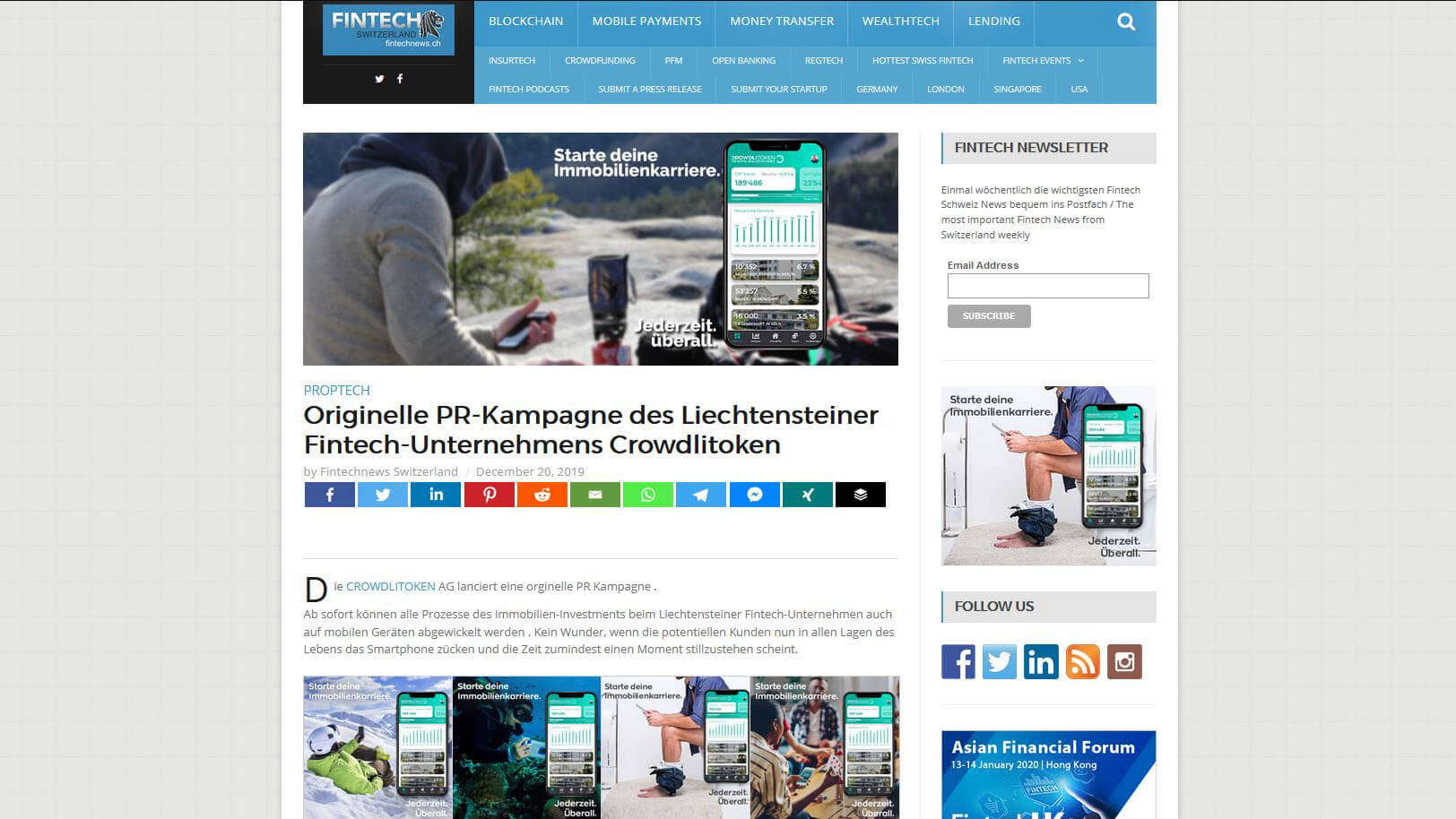 Read more about the article Artikel auf Fintech News zur PR-Kampagne «Jederzeit. Überall.»